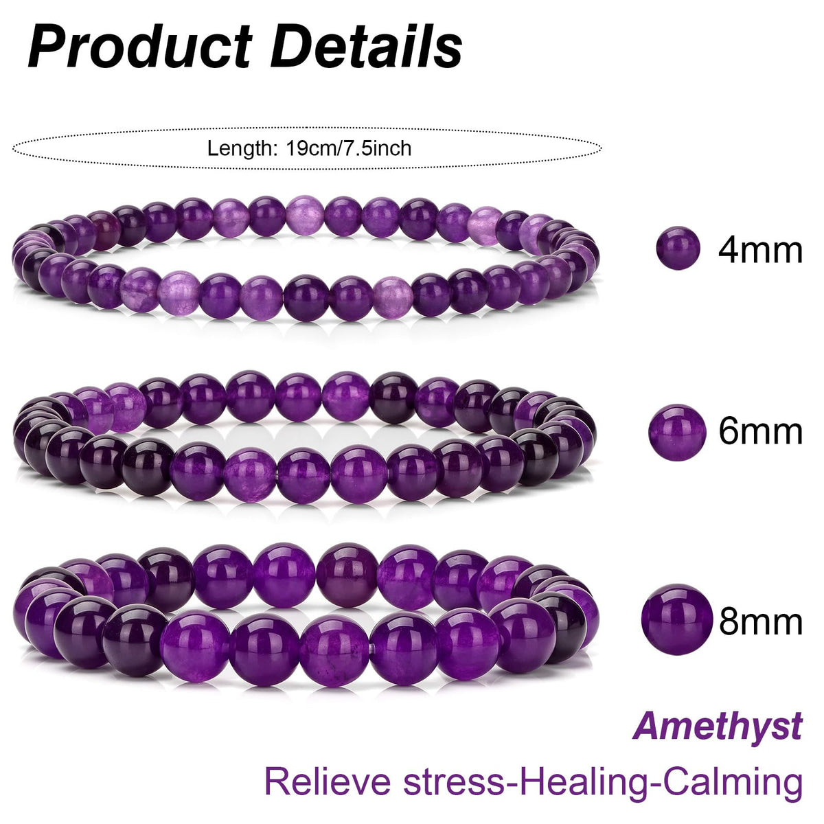 Bolinailo 3Pcs Natural Healing Crystal Bracelets for Women Men, 4mm 6mm 8mm Beaded Stretch Bracelet Set, Amethyst Natural Stone Gemstone Jewelry Gifts for Meditation, Reiki & Yoga