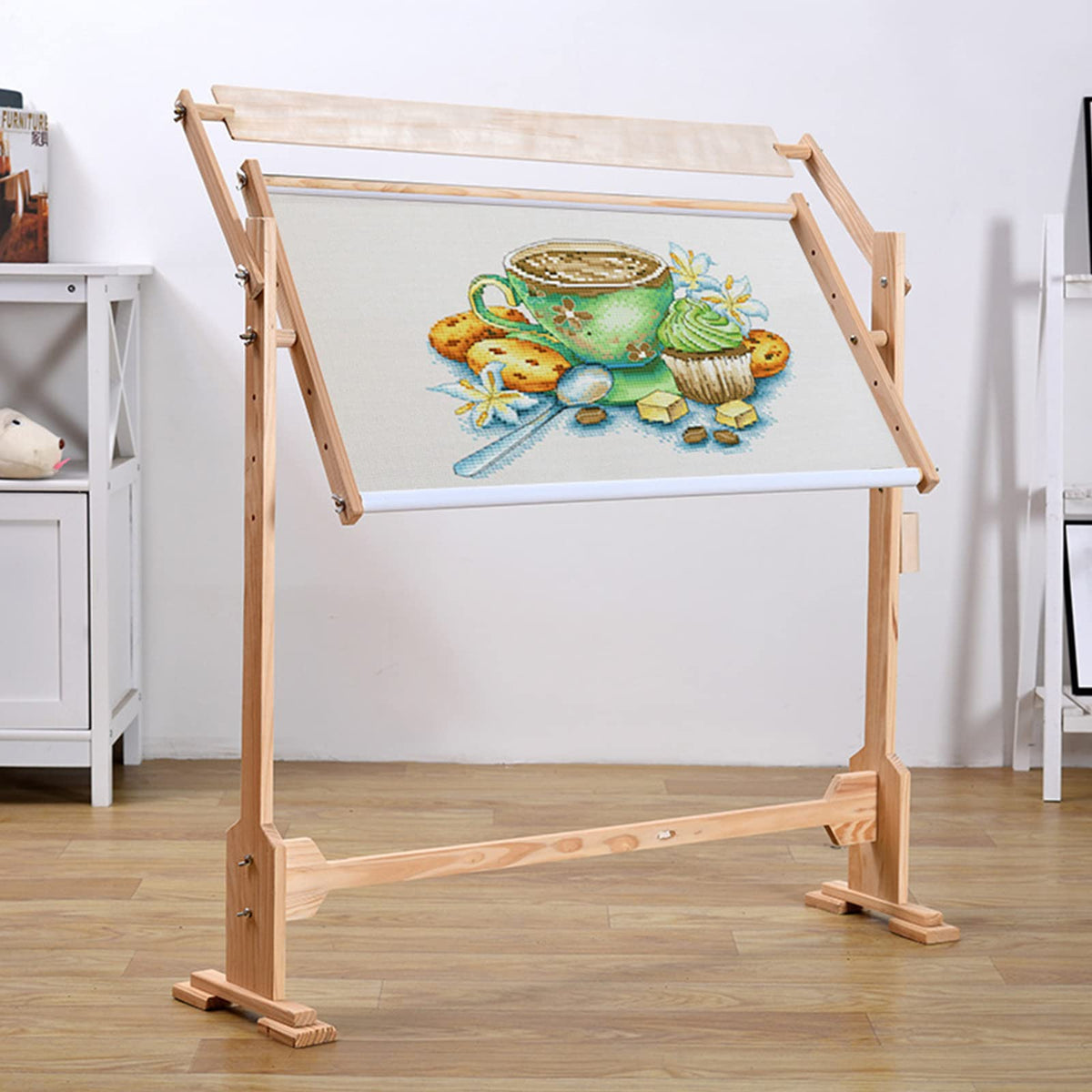 Adjustable Embroidery Stand, Wooden Frame Cross Stitch Floor Stand 360° Rotated Needlework Stand Holder Lap Table Craft Sewing Tool with Scroll Frame