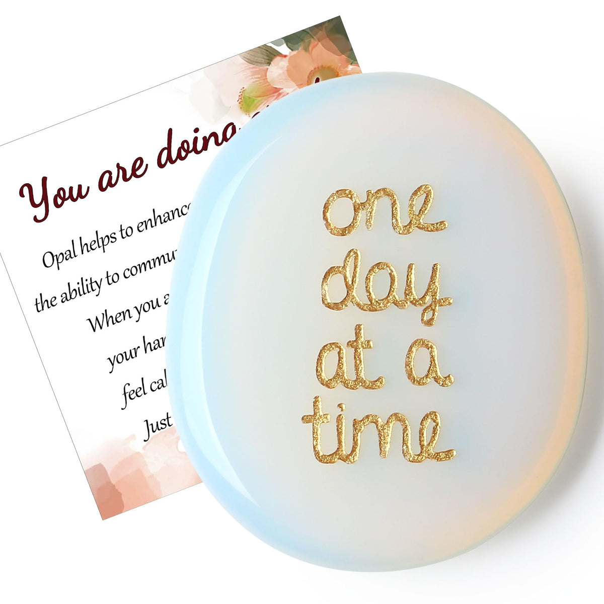 QINJIEJIE One Day at A Time Opal Worry Stone Healing Crystal Thumb Stones Thinking of You Gifts for Anxiety Relief Items You Got This Inspirational for Friend Encouragement Gift for Women Men