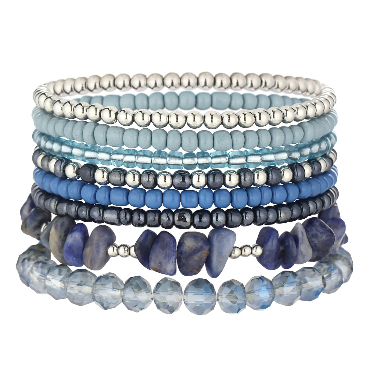 Noessla Boho Beaded Bracelets for Women Stackable Irregular Natural Stone Bead Stretch Bracelet Set 8PCS Costume Jewelry Gifts for Her(Navy Blue)