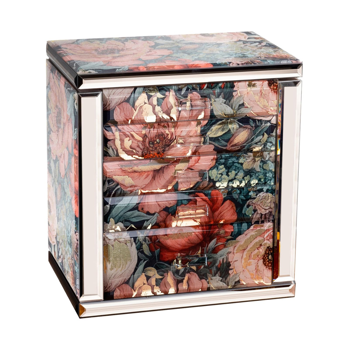 Homruilink High End Glass Jewelry Box, 5 Layer Jewelry Organizer for Women, Side Doors & Mirror, Velvet-Lined Storage for Rings & Necklaces, Ideal Gift (Peony)