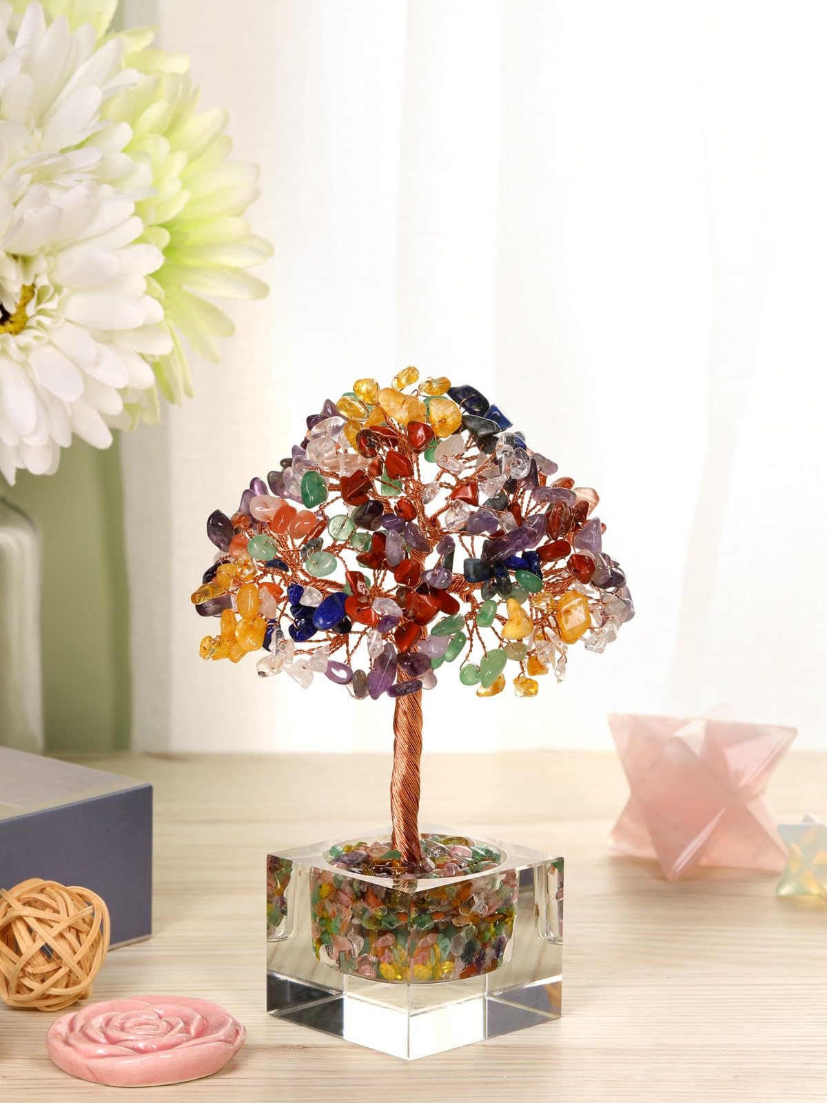 Jovivi Large Crystal Tree with Square Glass Base, 7 Chakra Healing Crystals Life Tree Natural Chipped Gemstone Money Trees Feng Shui Good Luck Positive Energy Home Desk Decor