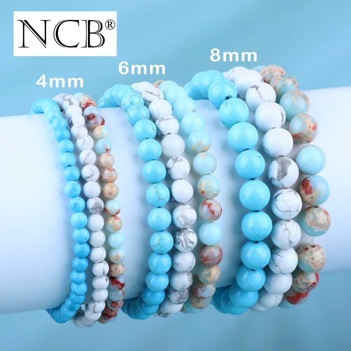 NCB 3-Piece 6mm Natural Crystal Gemstone Stretch Bracelets – ﻿Agalmatolite Jasper, Blue Turquoise, Howlite Handmade Reiki Energy Healing Jewelry for Meditation,Yoga, Unisex