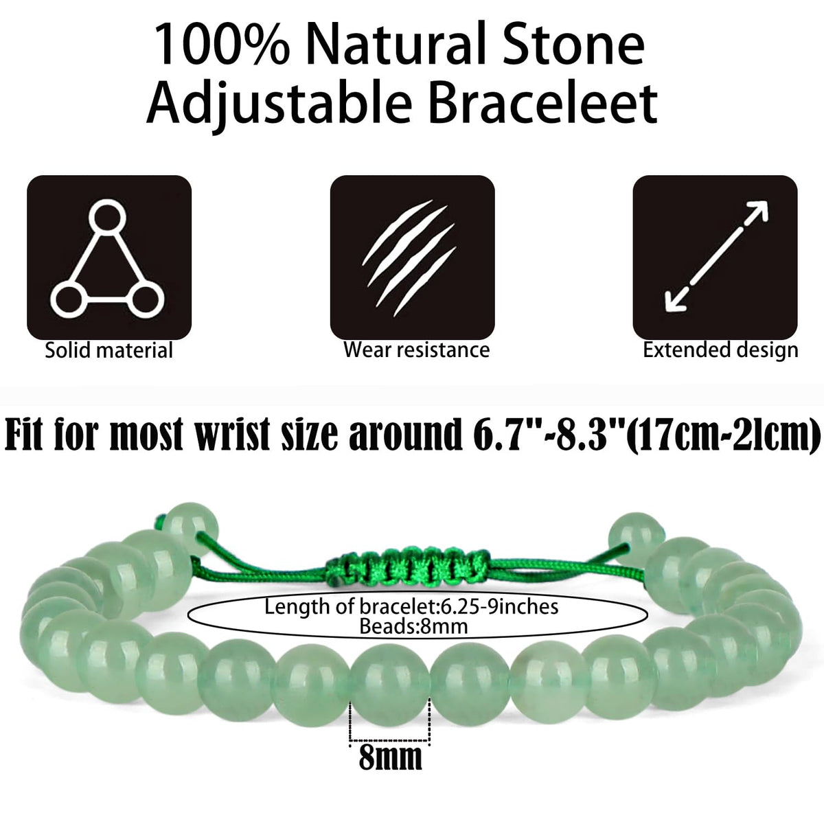 QOGIR Handmade Healing Stones Bracelet,8mm Natural Green Aventurine Gemstone Beads Bracelet,for Men Women Gifts with 2PCS Size Adjustable Rope Bracelets