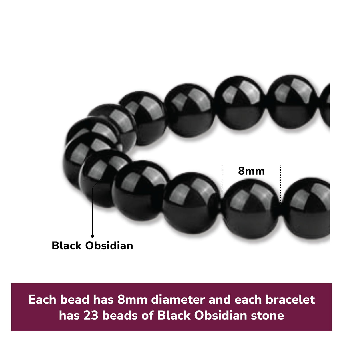 Crystal Vibe Black Obsidian Bracelet - Healing Crystal Bracelet for Spiritual Healing Positive Energy Stress Relief– 8mm Round Black Beaded Bracelets for Women Men - Elastic Adjustable Size