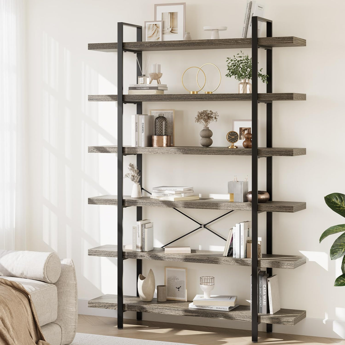 6 Tier Book Shelf, 47'' Wide Wood Industrial Bookshelf, 120lbs Shelf Capacity, Open Storage Shelves, 80'' Tall Heavy Duty Display Shelving, Rustic Grey Bookcase for Bedroom,Living Room,Office - 2Pcs