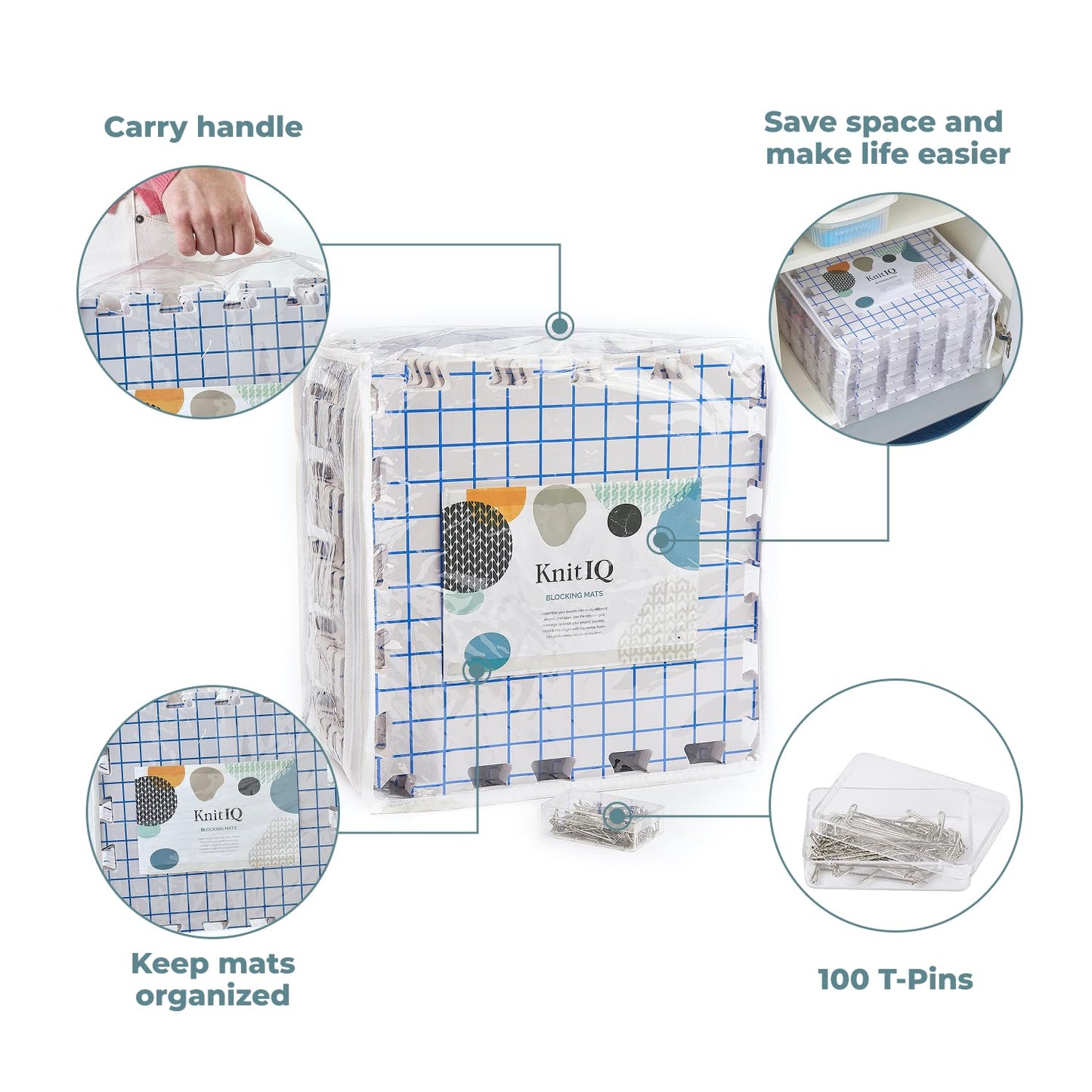 Blocking Mats for Knitting - KnitIQ Extra Thick Blocking Boards for Crochet Projects with Gridlines - 100 T-Pins and Storage Bag Included for Knitting Supplies - Standard Mat Set - Pack of 9