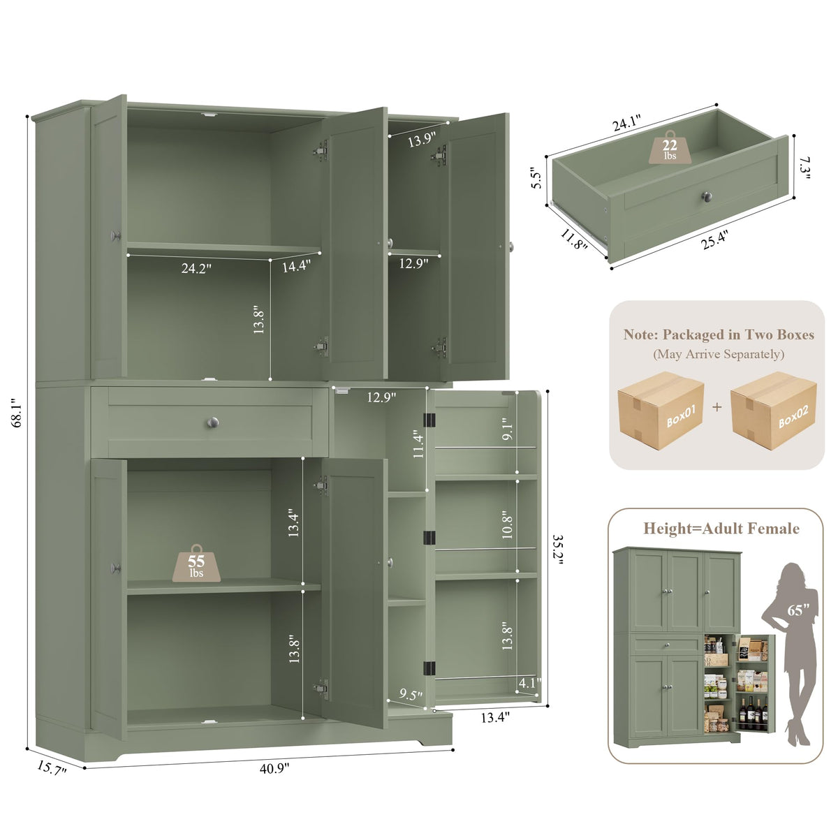 HOSTACK 68" Tall Kitchen Pantry Storage Cabinet, Modern Kitchen Hutch Cabinet with Doors and Shelves, Freestanding Food Pantry with Large Storage Drawer for Dining Room, Living Room, Green