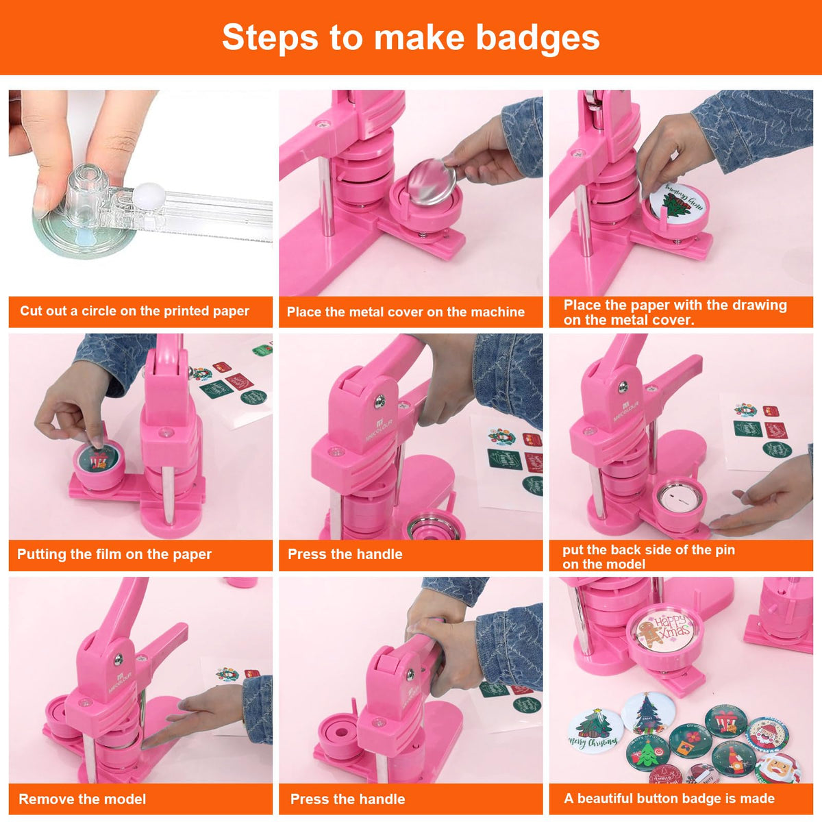 MECOLOUR Button Maker Machine Multiple Sizes 1.26+1.73+2.28 inch Pin Maker Machine,150pcs Button Badge Making Supplies,Button Press Machine for DIY Personalized Pinback Buttons Children DIY Gift(Pink)