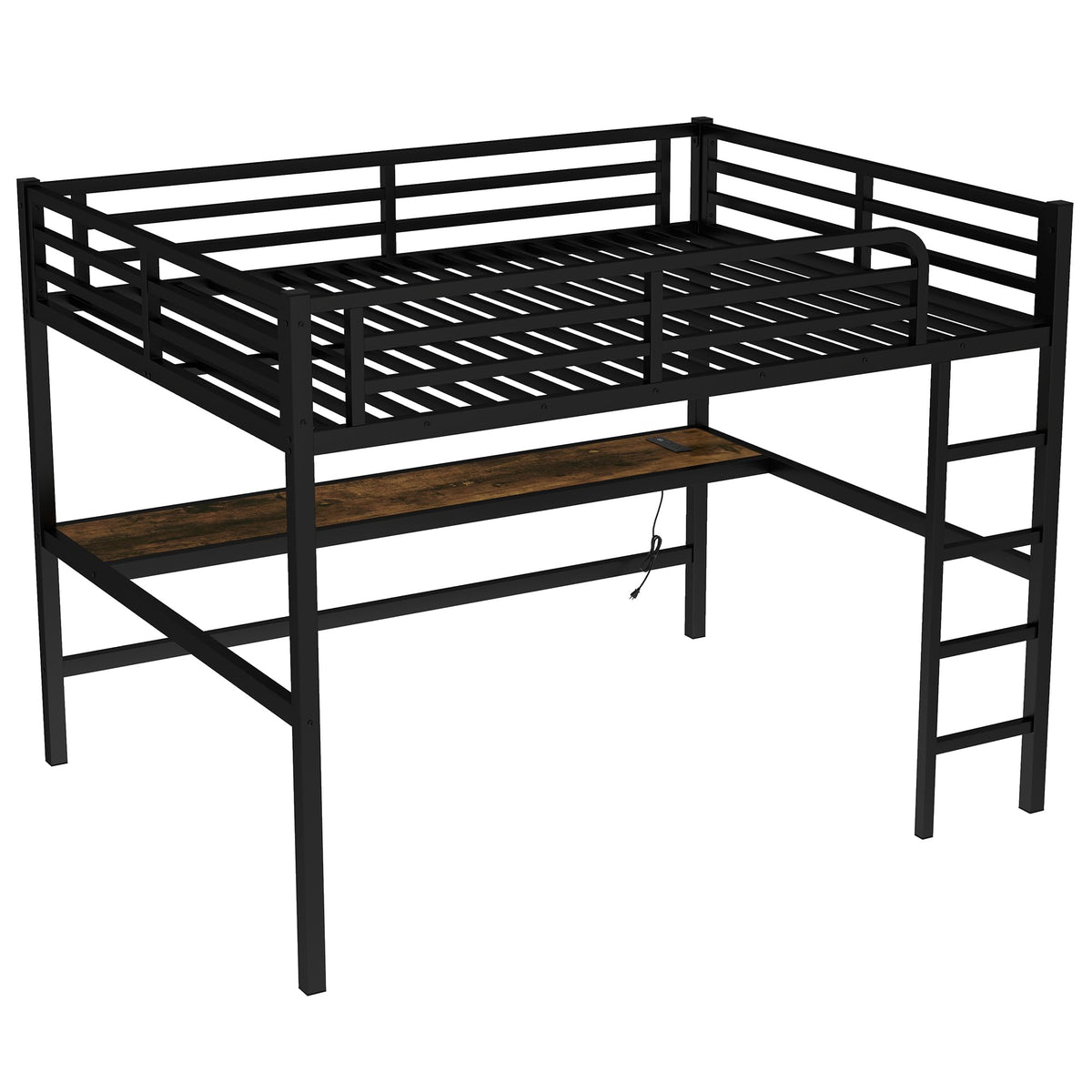 Bellemave Queen Loft Bed with Desk, Metal Queen Size Loft Bed Frame with Built-in Ladder, LED Loft Beds with Charging Station & Safety Guardrails for Kids,Teens, Adults, Black