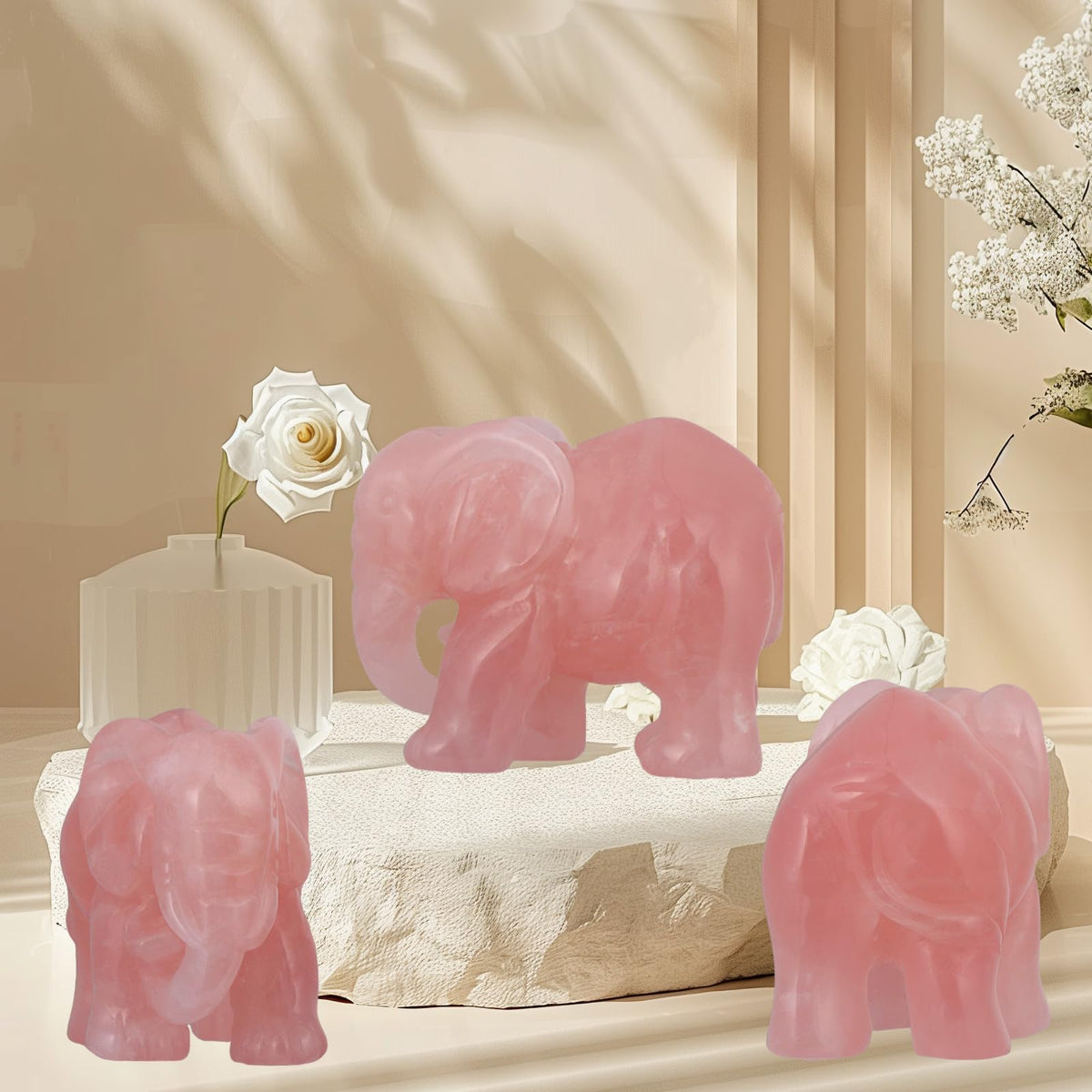 SMQ Rose Quartz Crystal Elephant Statue Decor Carved Good Lucky Pocket Small Figurine Spiritual Animal Carvings Home Office Desk Ornament Elephant Gifts for Women Adults,2"