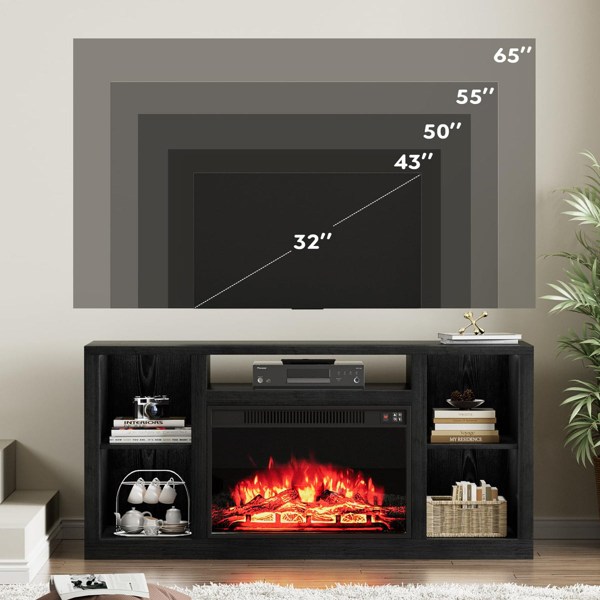 YESHOMY Electric Fireplace TV Stand for Televisions up to 65+ Inch, Media Entertainment Center Console Table with Four Open Storage Shelves & Cabinets, 58 Inch, Dark Black