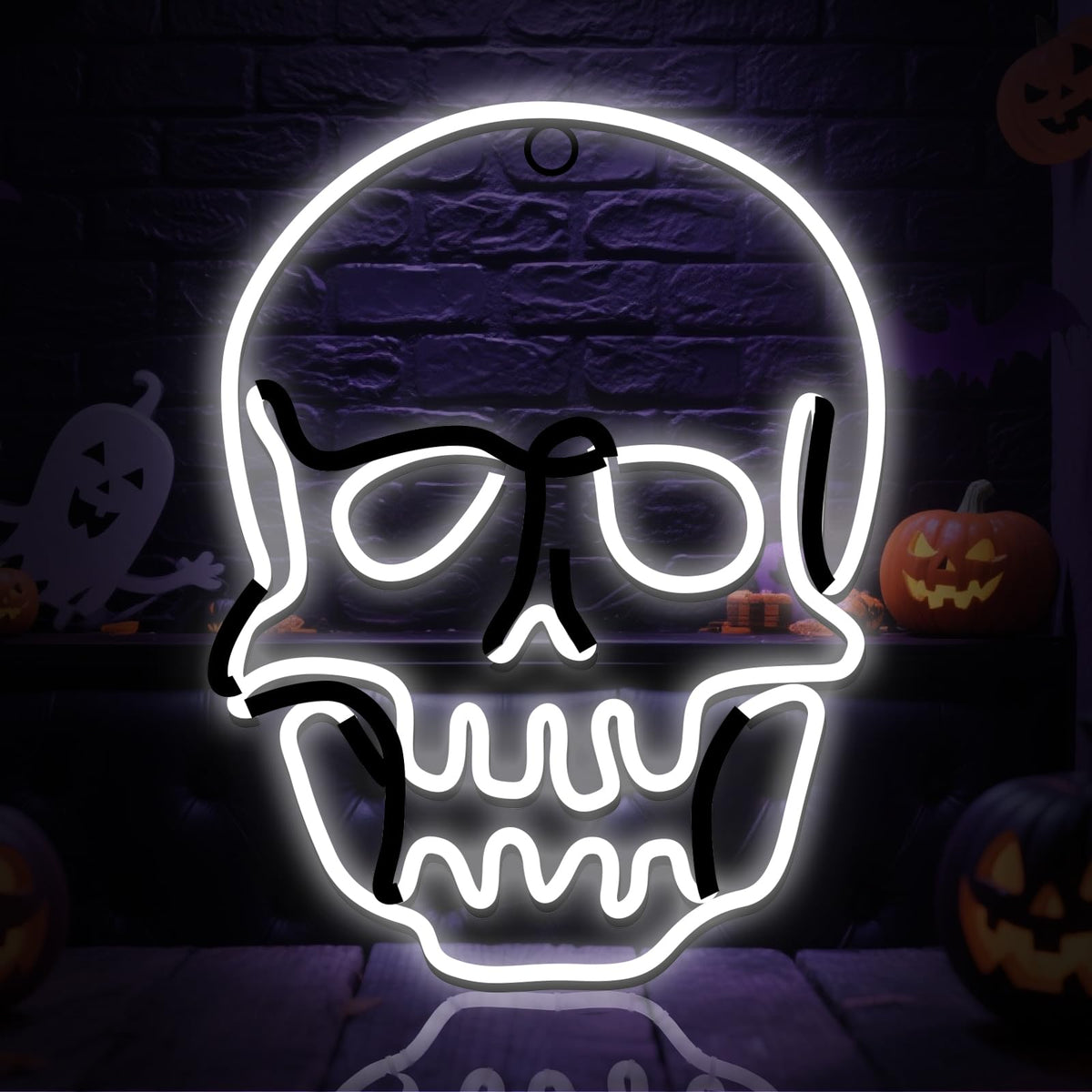 Flickering 13.5" Skull Neon Sign, 396 LED Pre-lit Skull Lights Plug in Hanging Scary Spooky Outdoor Halloween Decor for Yard, Porch, Garage, Party - Cool White　(No Constant Light)
