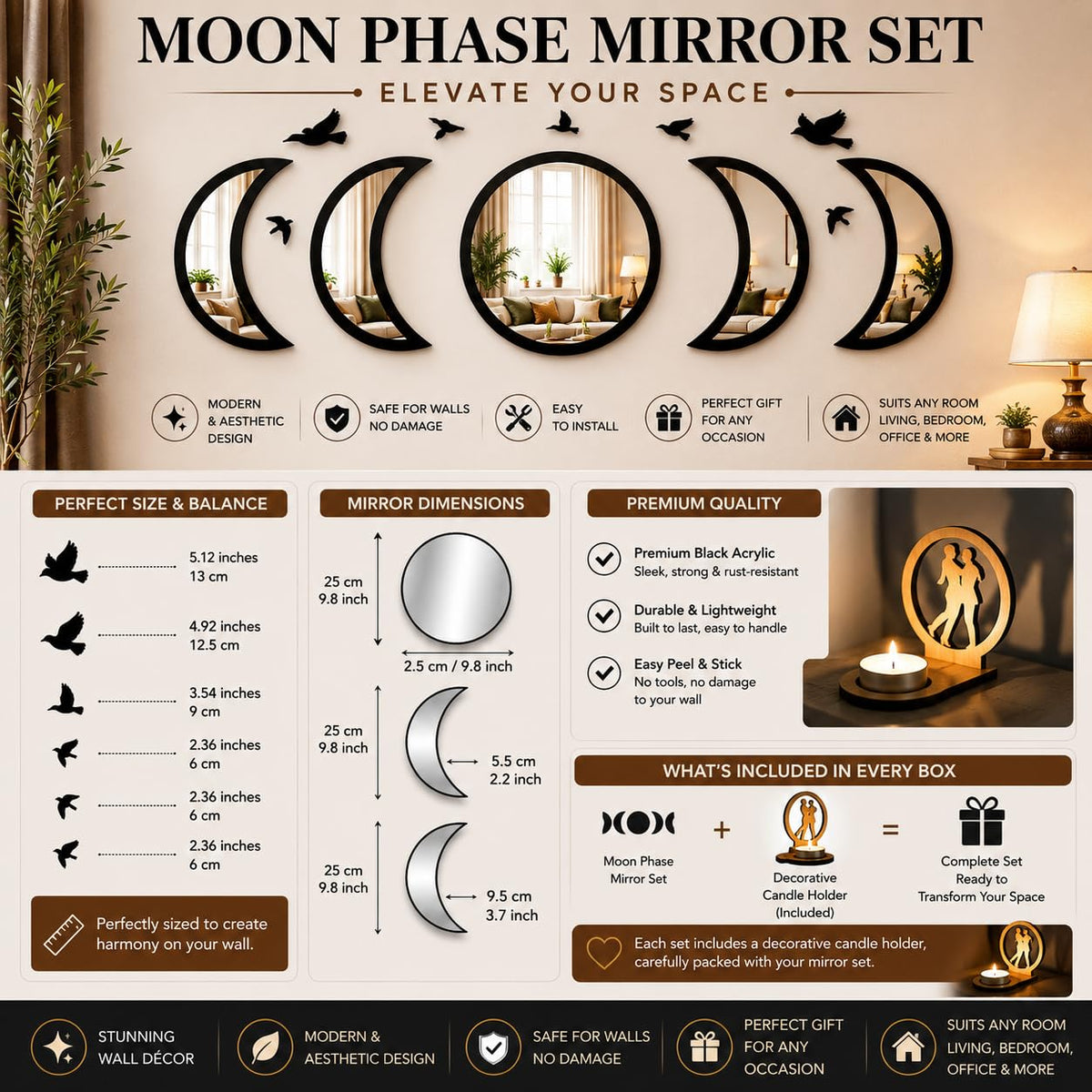 NESHE Moon Phase Mirror Wall Decor Set with Birds | Gothic Witchy Boho Wall Mirror Decor | Scandinavian Aesthetic Home Decor for Bedroom Living Room (Black)