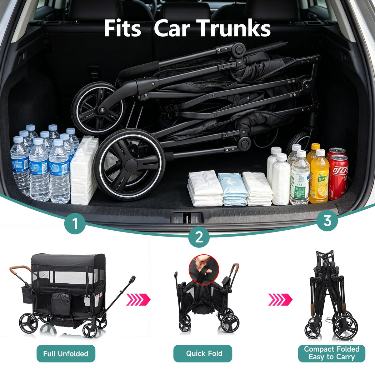 Voupou Wagon Stroller for 2 Kids,Push Pull Wagon with Adjustable Handle, Folding Wagon with Canopy & Mosquito Net, All-Terrain Wheels,Cup Holder & Snack Tray,Storage&Mom Bag,for Camping Beach Travel