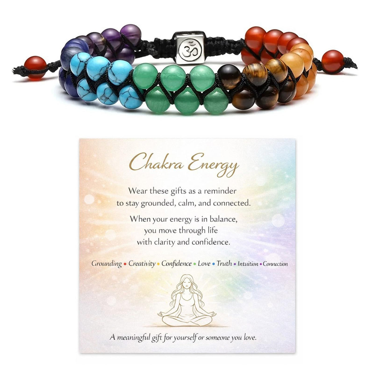 Long tiantian 7 Chakra Bracelets for Women Crystals and Healing Stones Jewelry Colorful Beaded Bracelets with a Meaningful Card