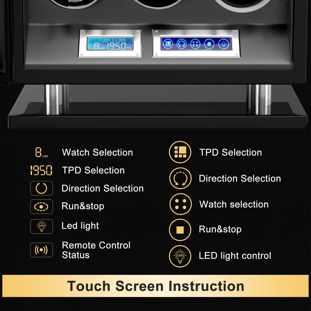 DUKWIN Watch Winder for 3 Automatic Watches,Fingerprint Lock Watch Winders with LCD Touchscreen, Blue LED Light, Remote Control,Adjustable Pillow and Quiet Motor for Universal Watches, 5TPD