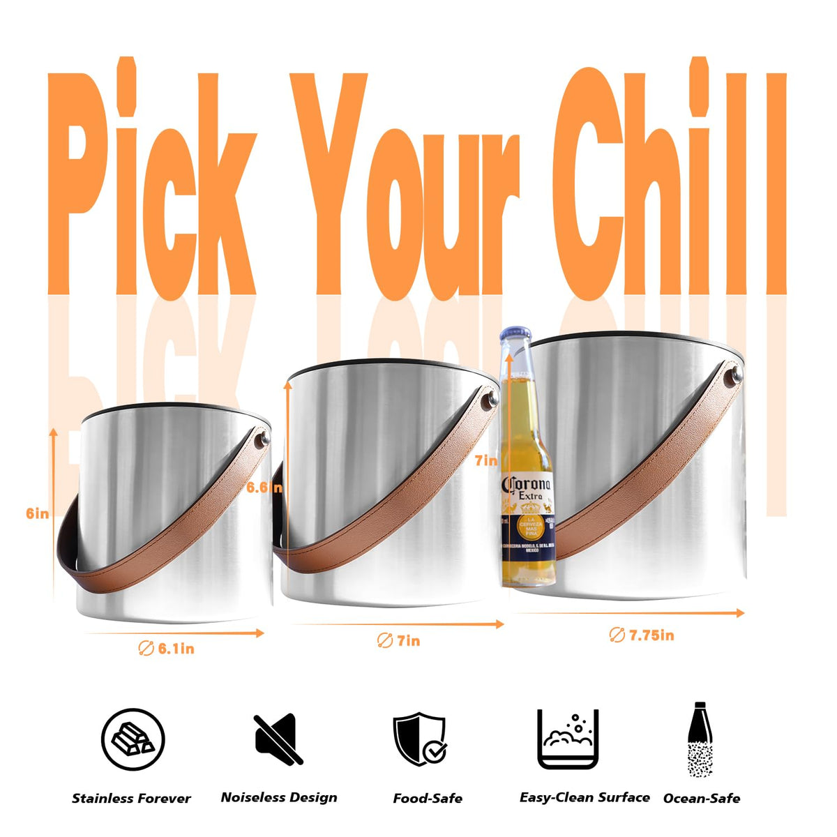 Bakpoco Double-Wall Vacuum Insulated Ice Bucket with Lid, Scoop, Ice Tong, Strainer & Leather Handle Keep Ice Frozen Longer Large Wine Ice Buckets for Cocktail Bar,Parties Chilling Beer Champagne 3L