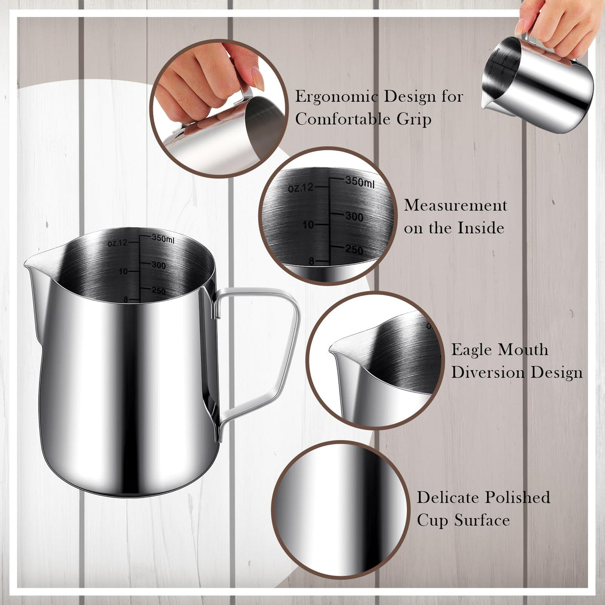 Dandat 6 Pcs Milk Frothing Pitcher Espresso Steaming Pitchers 12 Oz Stainless Steel Milk Steamer Cup Frother Jug for Espresso, Latte Art, Chai Cappuccino Hot Chocolate