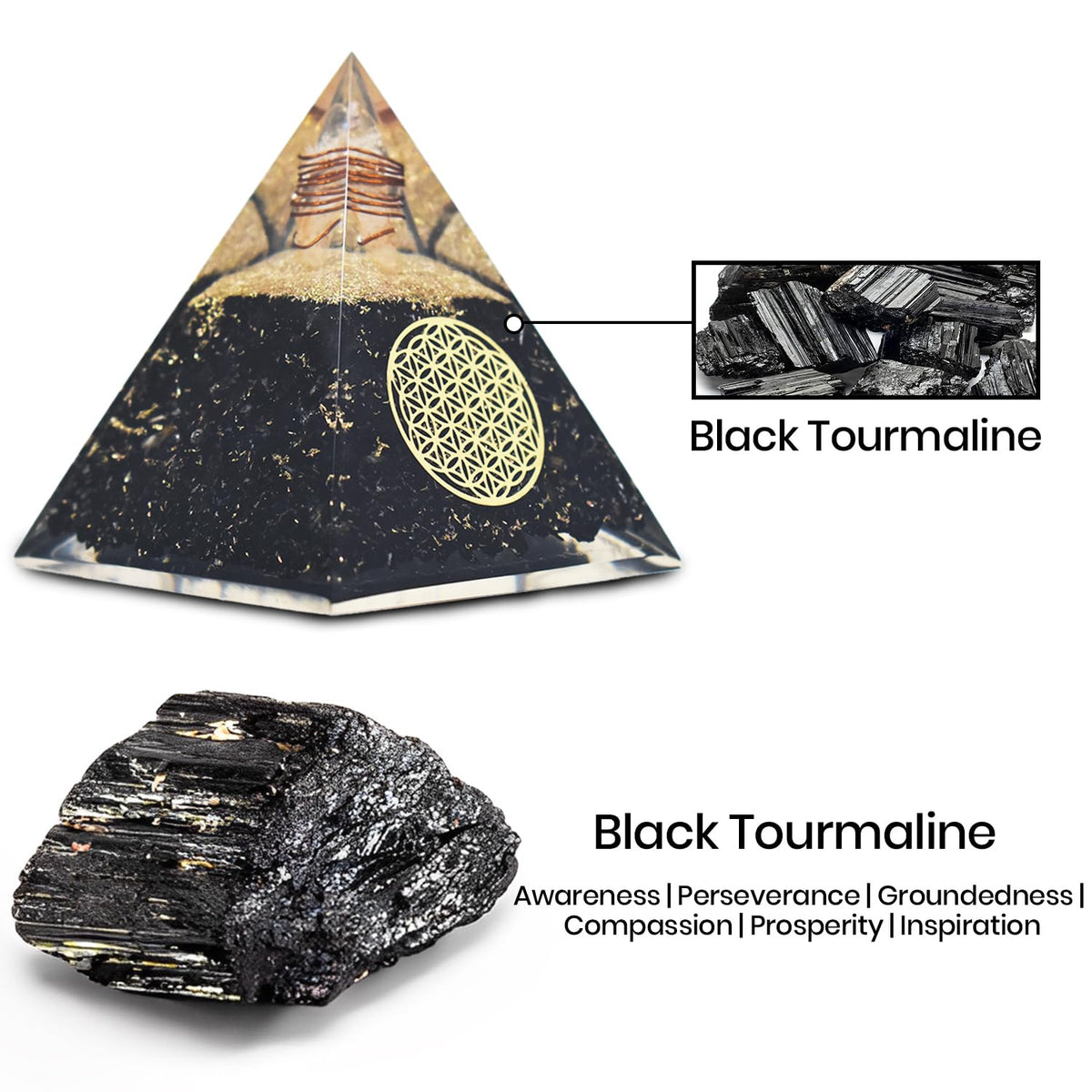 Real Crystal Black Tourmaline Orgonite Pyramid, Healing Crystal Pyramid, Pyramid Crystal Gemstone Pyramid for Meditation, Motivation, Positivity - Handmade in India