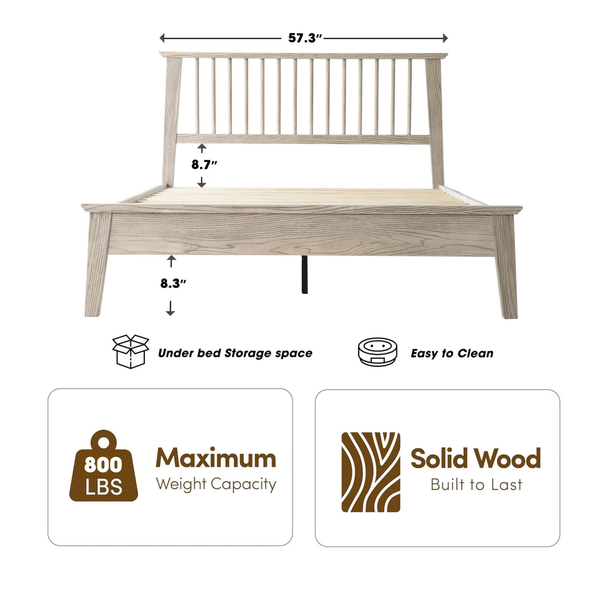 Full Size Solid Wood Platform Bed Frame, Headboard & Footboard, Easy Assembly, 12 Sturdy Slatted Base, Centre Metal Legs, No Box Spring Needed, Noise-Free & Slip-Free, Driftwood Gray Oak Finish YUF-33