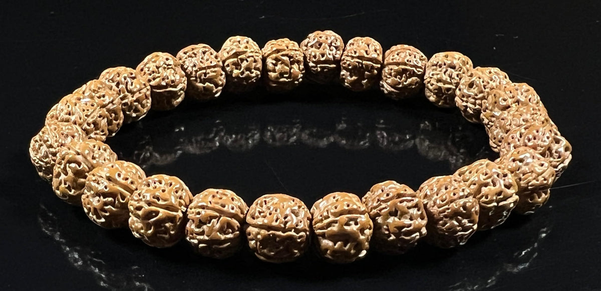 AWAKEN YOUR KUNDALINI 5 Mukhi Chikna Pathri Rudraksha Bracelet - AAA Grade 8mm Rudraksh Beads - Root Chakra Balance & Universal Sun Sign - Cultivate Spiritual Growth - Handmade
