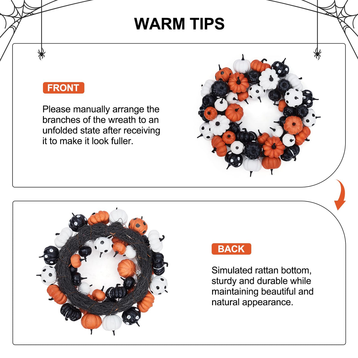 GarveeHome Halloween Pumpkin Wreath for Front Door, 18 in Fall Farmhouse Wreath with Orange, Black and White Pumpkins, Rattan Bottom Halloween Indoor Outdoor Home Party Decor