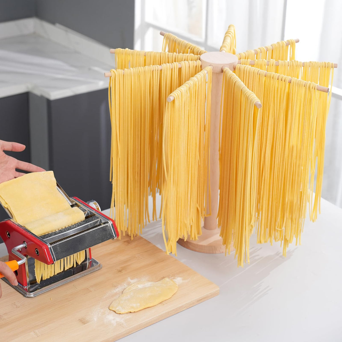 Pasta Drying Rack, Large Wood Pasta Rack Collapsible for Fresh Pasta Noodle Spaghetti Dryer Hanger Stand