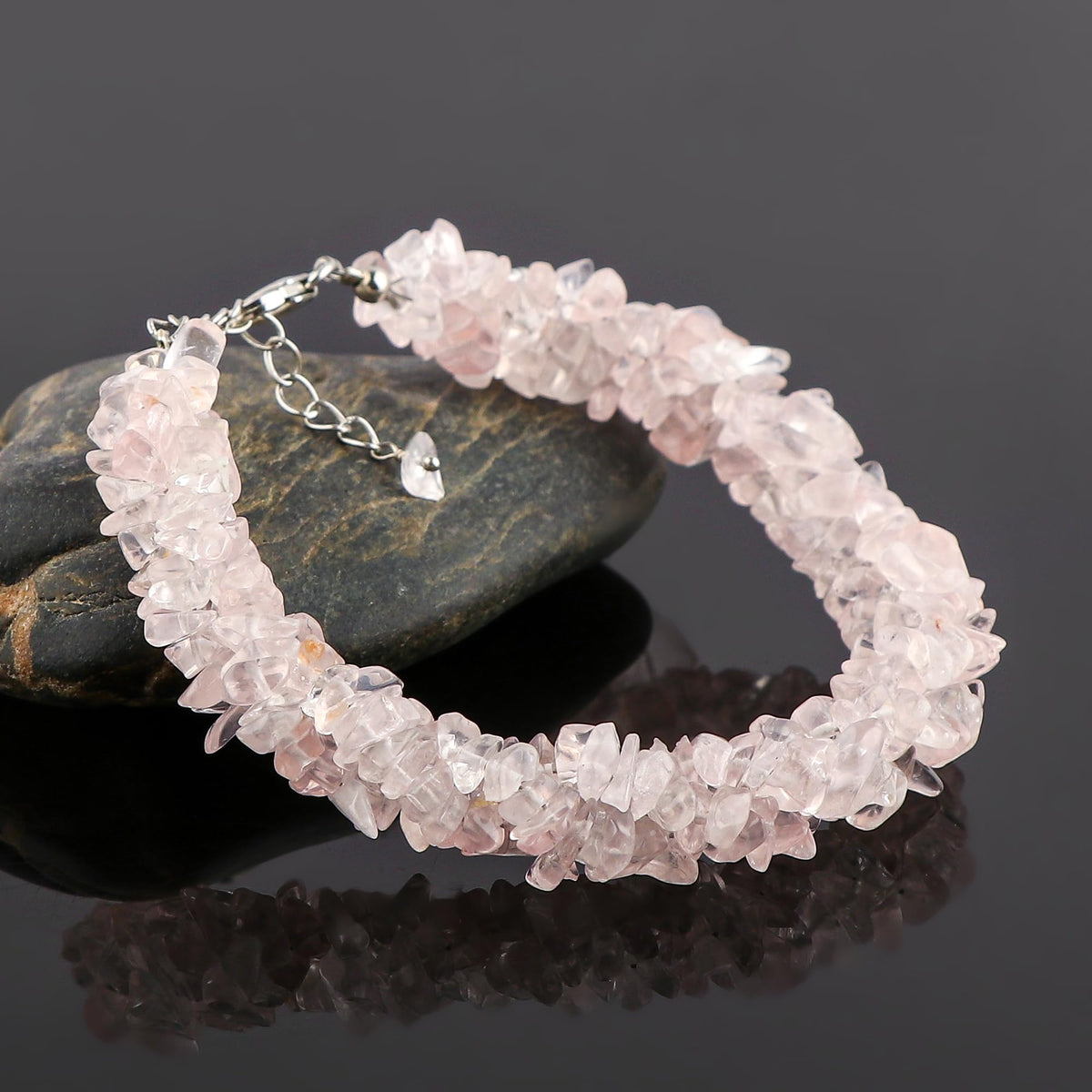 CRYSTALIS Natural Rose Quartz Beads Braided Rope Bracelet, Chips Nuggets Beaded Gemstones, Chakra Healing Stones, Gift Giving Womens Jewelry, 925 Sterling Silver Bracelet 8 inch