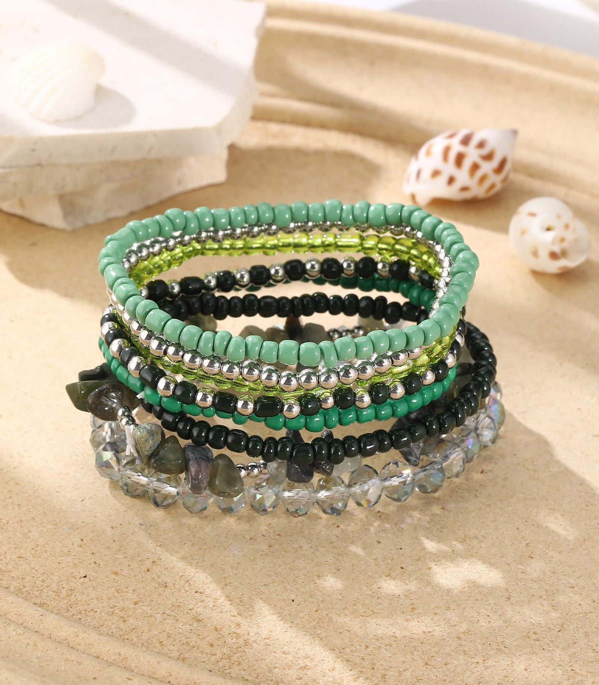 Noessla Boho Beaded Bracelets for Women Stackable Irregular Natural Stone Bead Stretch Bracelet Set 8PCS Costume Jewelry Gifts for Her(Green)