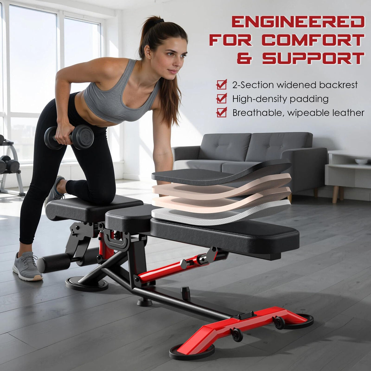 WFLGFT Commercial Adjustable Weight Bench, Heavy Duty 1800LBS Workout Bench for Home Gym, Flat, Decline, Incline Bench Press with Removable Leg and Elbow Support for Full Body Strength Training