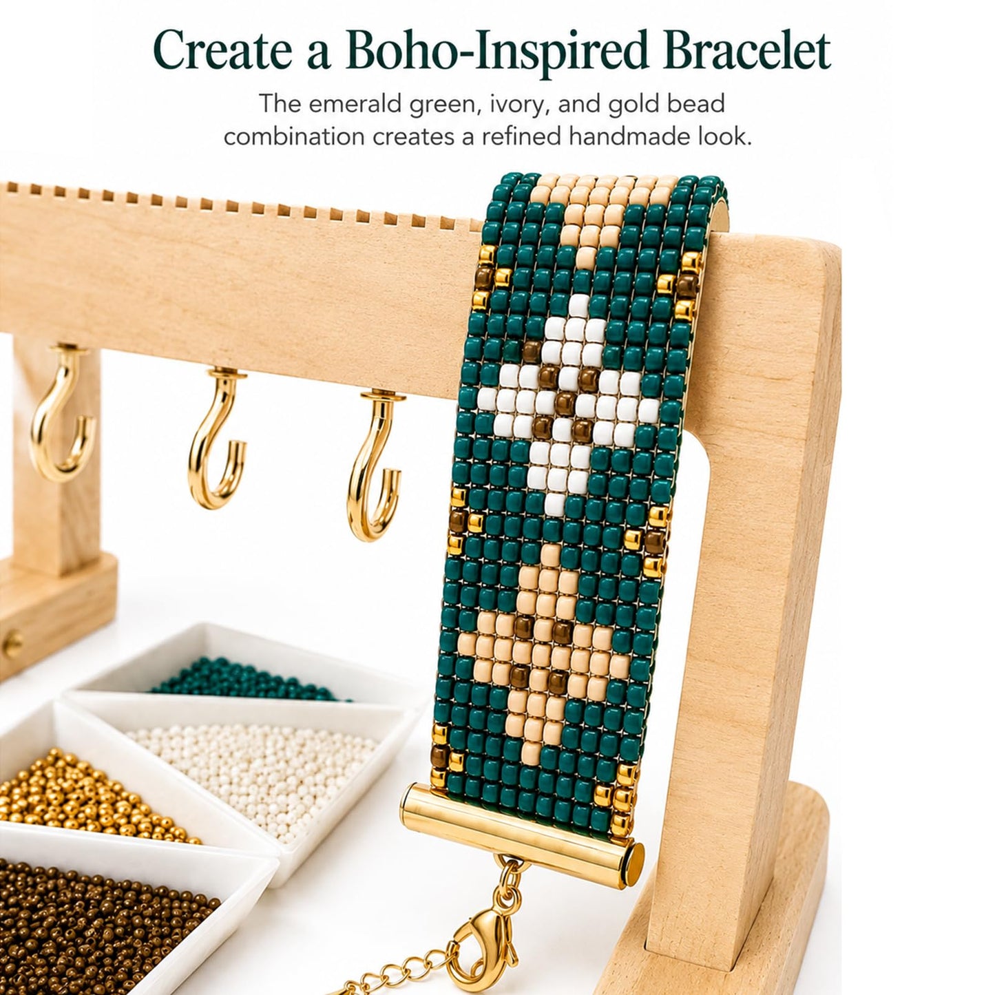TMEGMIC Adjustable Wood Bead Loom Kit - Professional Wooden Weaving Frame for Jewelry Making - Sturdy Tool for Beginners, Seed Beads, Bracelets & DIY Crafts (Natural Wood-Vintage Green Bracelet)