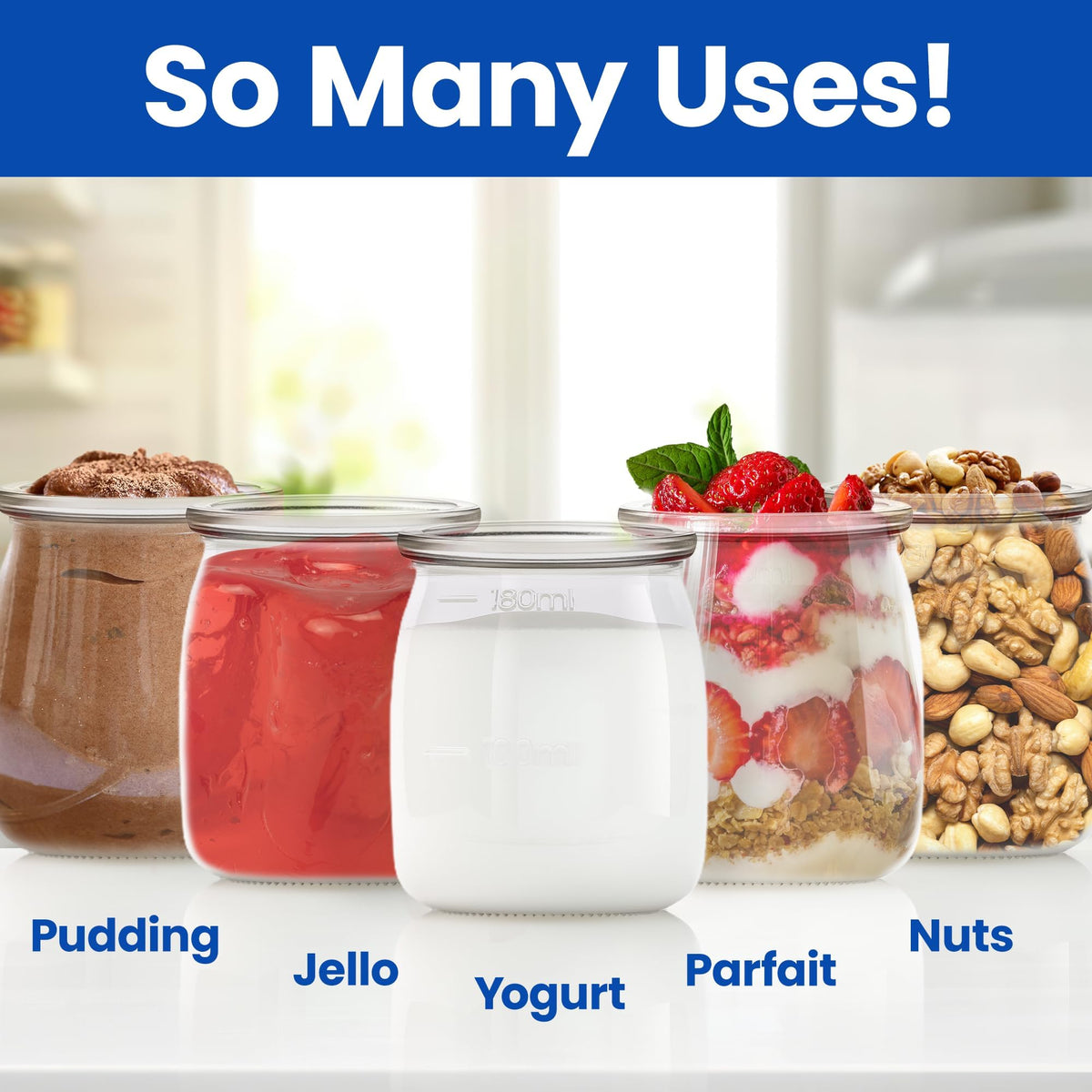 Ultimate Yogurt Jars, Make More Delicious Yogurt! 8 Count Small Glass Yogurt Cups With Lids, 100% BPA Free, Airtight & Dishwasher Safe! Perfect Containers for Yoghurt, Oatmeal, Pudding, or Jello