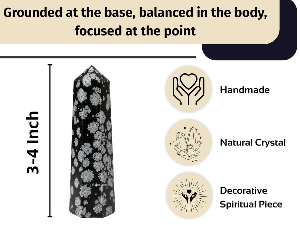 Amazing Gemstone Snowflake Obsidian Crystal Towers - Natural Healing Crystal Point Obelisk for Reiki Healing and Crystal Grid (3" to 4" INCH)