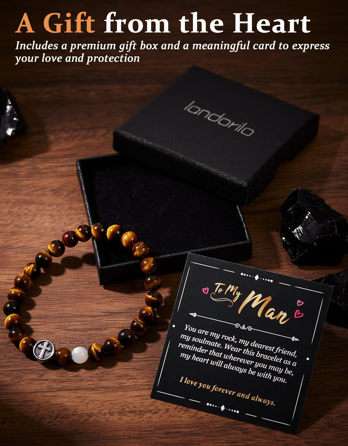 Landorilo Gifts for Men, 8mm Cross Natural Stone Beaded Bracelets, Yellow Tiger Eye Healing Bracelet, Handmade Mens Jewelry Gift for Him, Husband, Son, Father, Friend(To My Son-8.3in)