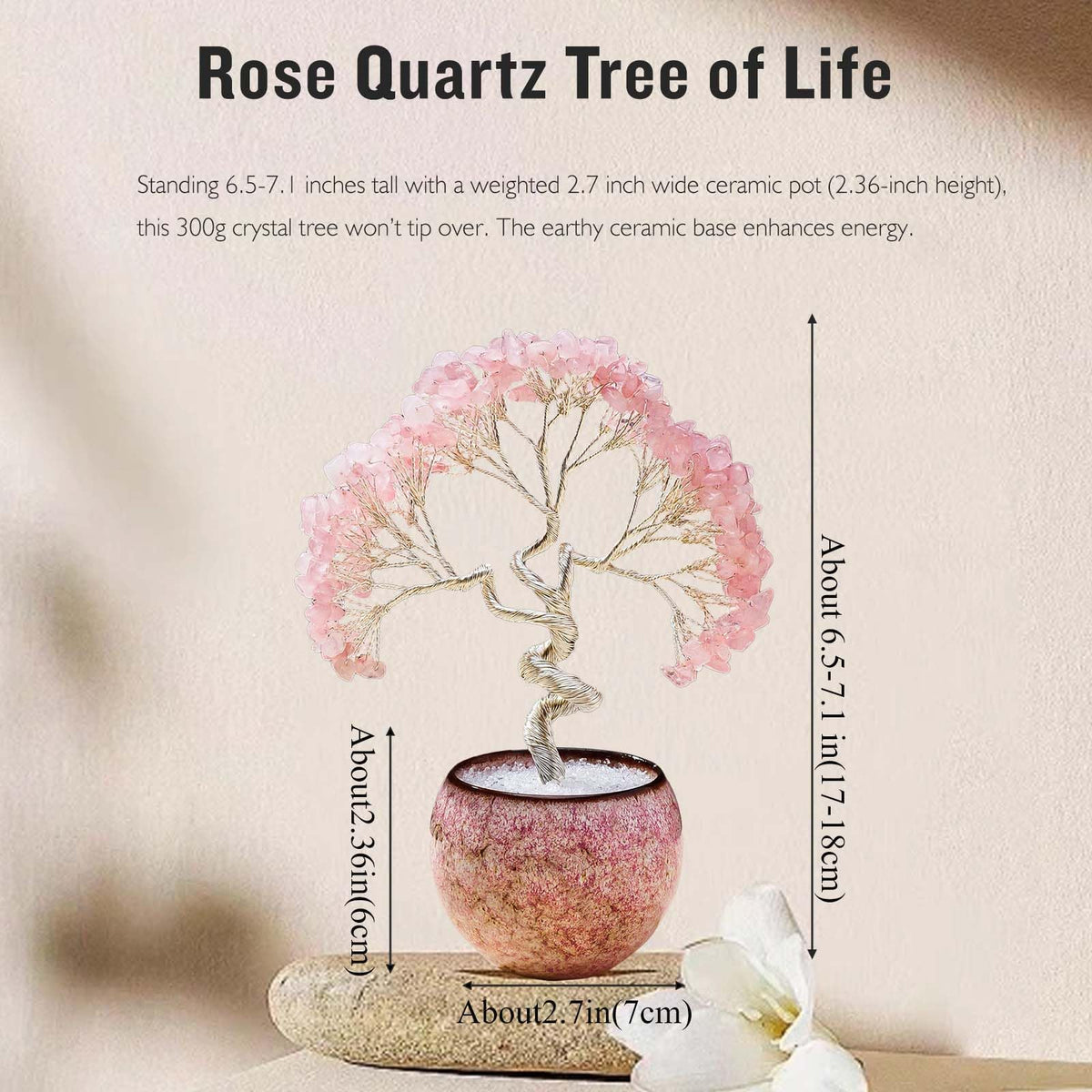 Runyangshi Rose Quartz Crystal Tree of Life - 7in Chakra Crystal Money Tree with 297 Natural Healing Crystal Gemstone for Love, Feng Shui, Luck, Balancing Energy Home Decor & Spiritual Gift