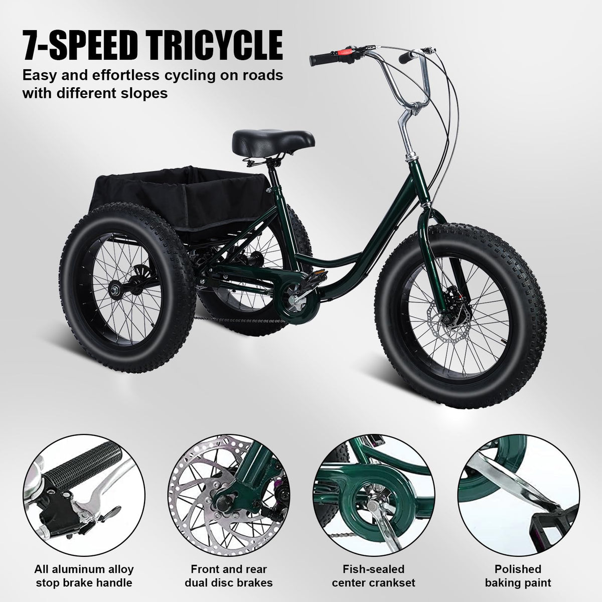 Maixhae Tricycle for Adults, Fat Tire 3 Wheel Bike with 7 Speeds, 450lbs Capacity, 20 Inch All-Terrain Trike, Dual Disc Brakes, Adjustable Seat & Large Rear Basket (Black)