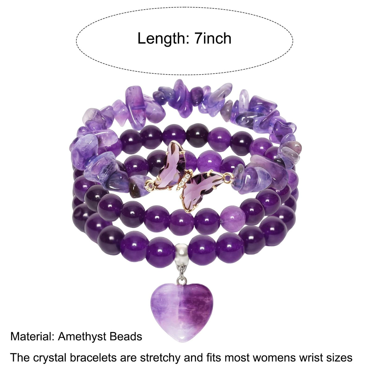 Sdfvsdg Healing Crystal Beaded Bracelet for Women Amethyst Gemstone Anxiety Stress Relief Charm Bracelet Butterfly Heart Charm Healing Stone Jewelry Gifts for Birthday Mothers Day Valentine