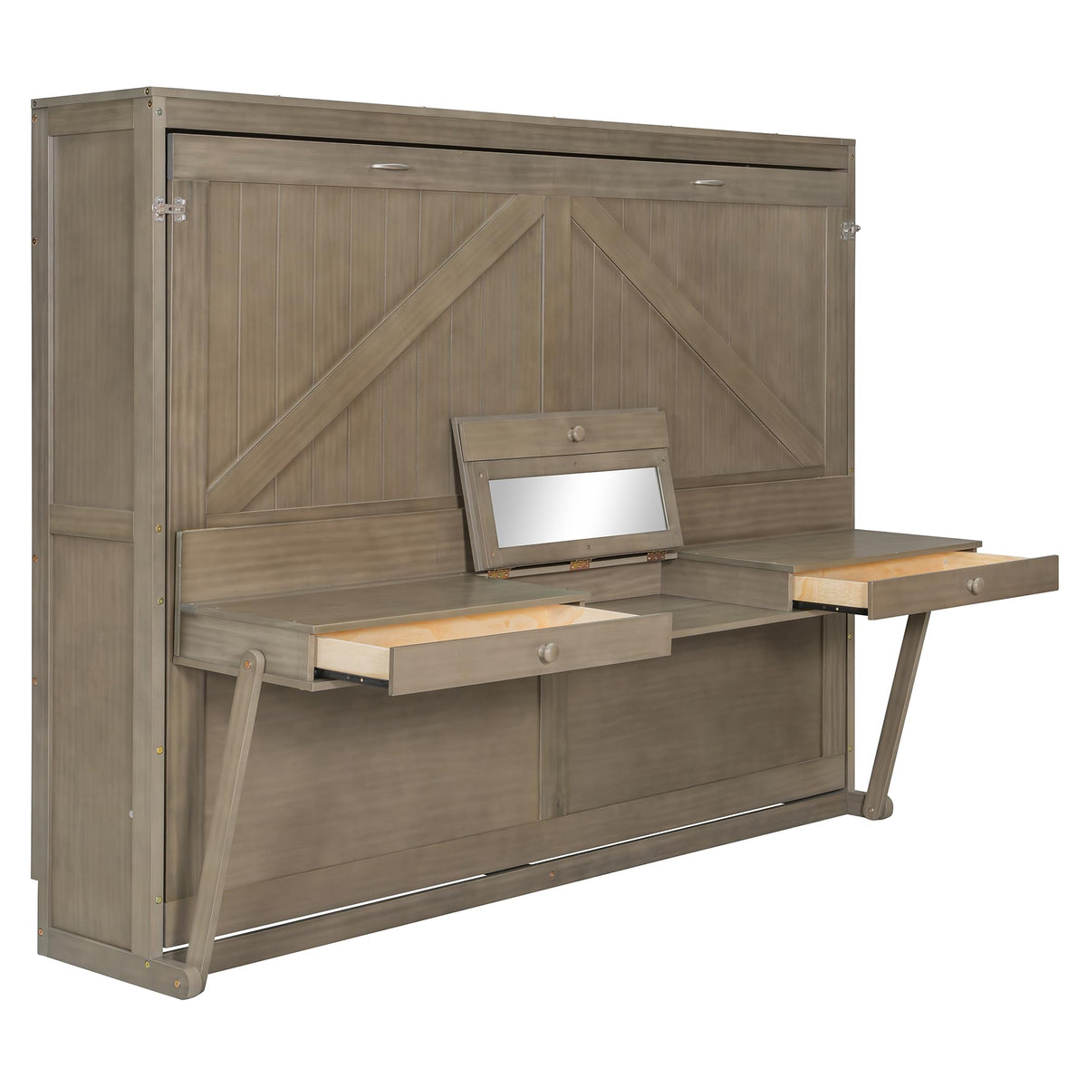 Ball & Cast Murphy Bed Queen W/Built-in Vanity Desk,Murphy Frame Cabinet W/ 2 Side Drawers,Wood Hide Away Wall Bed W/Center Mirror,for Bedroom,Home Office,Home Gym,Distressed Gray