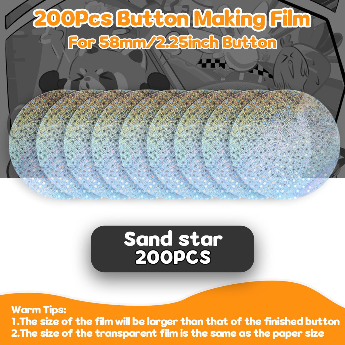 200 PCS Badge Film for Your 58mm / 2.25 in (Approx. 2-1/4 inch) Round Button Maker Machine，8 Different Holographic Button Making Supplies Film (200pcs Sand Star for 2.25inch Badge)