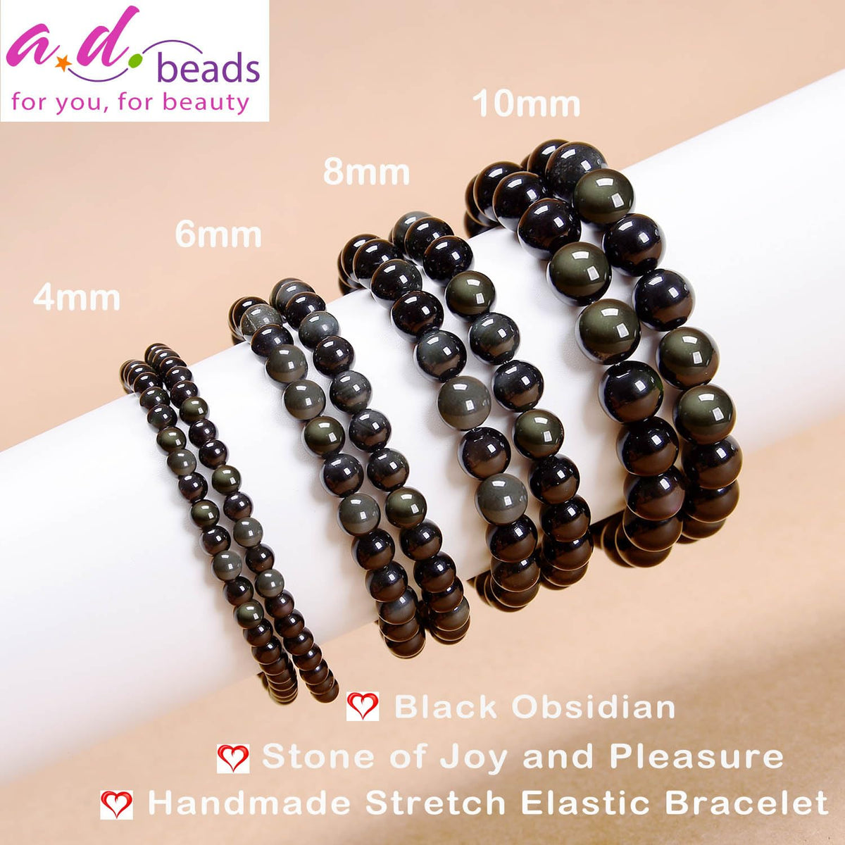 AD Beads Handmade Gemstone Stretch Elastic Bracelet Crystal Healing Reiki Nature's Beauty and Spiritual Essence Unisex (6mm, Black Obsidian (Pleasure))