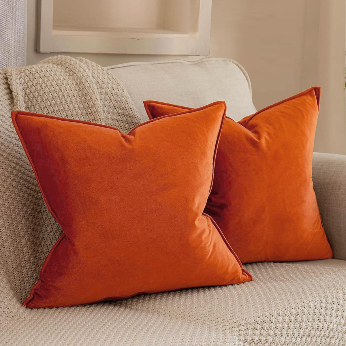 VAKADO Fall Throw Pillow Covers 18x18 Set of 2 Burnt Orange Halloween Velvet Decor Decorative Couch Cushion Autumn Fall Euro Pillowcases with Fringe Home Bed Decoration for Sofa Bedroom Office