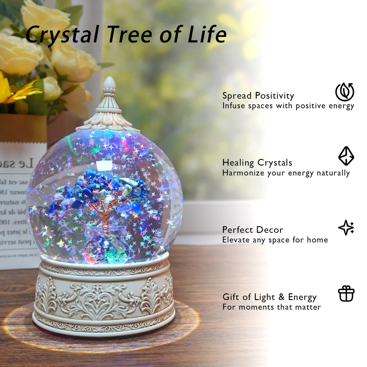 Lapis Lazuli Healing Crystal Tree Globe with Colorful Lights Sparkling Glitter, Natural Gemstone Base, Spiritual Meditation, Positive Energy Good Luck, Home Decor, Birthday Gifts (Lapis Lazuli)