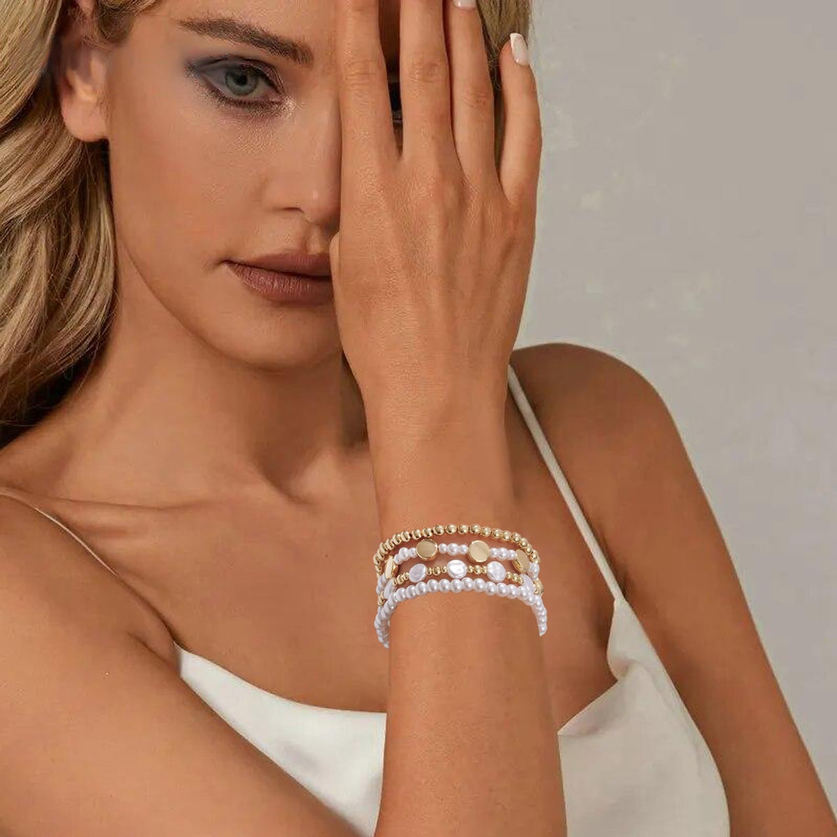 Sajidos Gold Plated Beaded Bracelets for Women Trendy, 14K Gold Plated Stack Cross Pearl Gold Plated Bead Stretch Bracelets Set Elastic Hypoallergenic Bracelets Jewelry Gifts