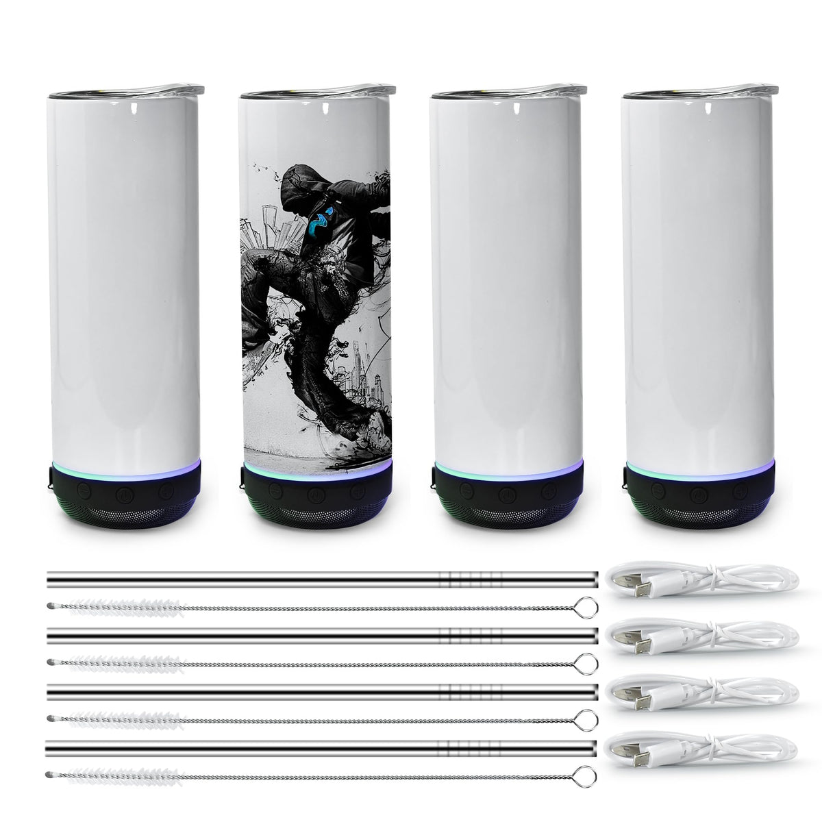 sweet grain Music Speaker Tumbler(4Pack) - Sublimation Tumbler 20 oz Skinny Straight with Speaker, Straw & USB Charging Cable, Sublimation Speaker Cups - Black
