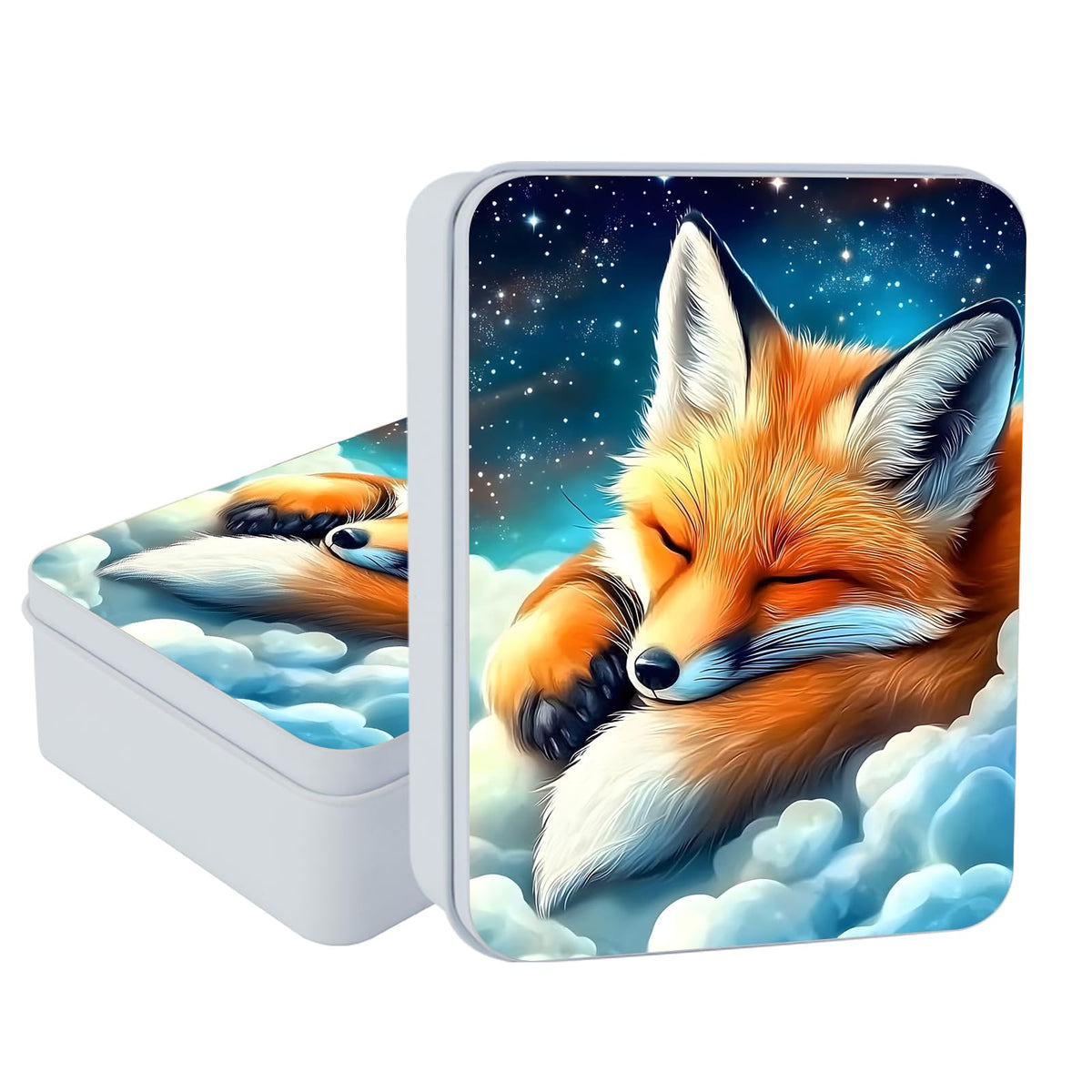 VOGDMKJG Small Metal Tins Box-4.7" x3.5"x1.6" Rectangular Empty Storage Box With Lid Decorative Organizer Storage Tin Case For Office/Cookie/Candy/Jewelry/Photo/Letter Sleep Fox