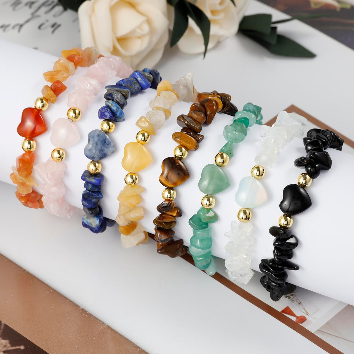 MILAKOO 8Pcs Chip Stone Bracelets Set Heart Love Charms Crystal 7Chakra Stretch Wristband for Women