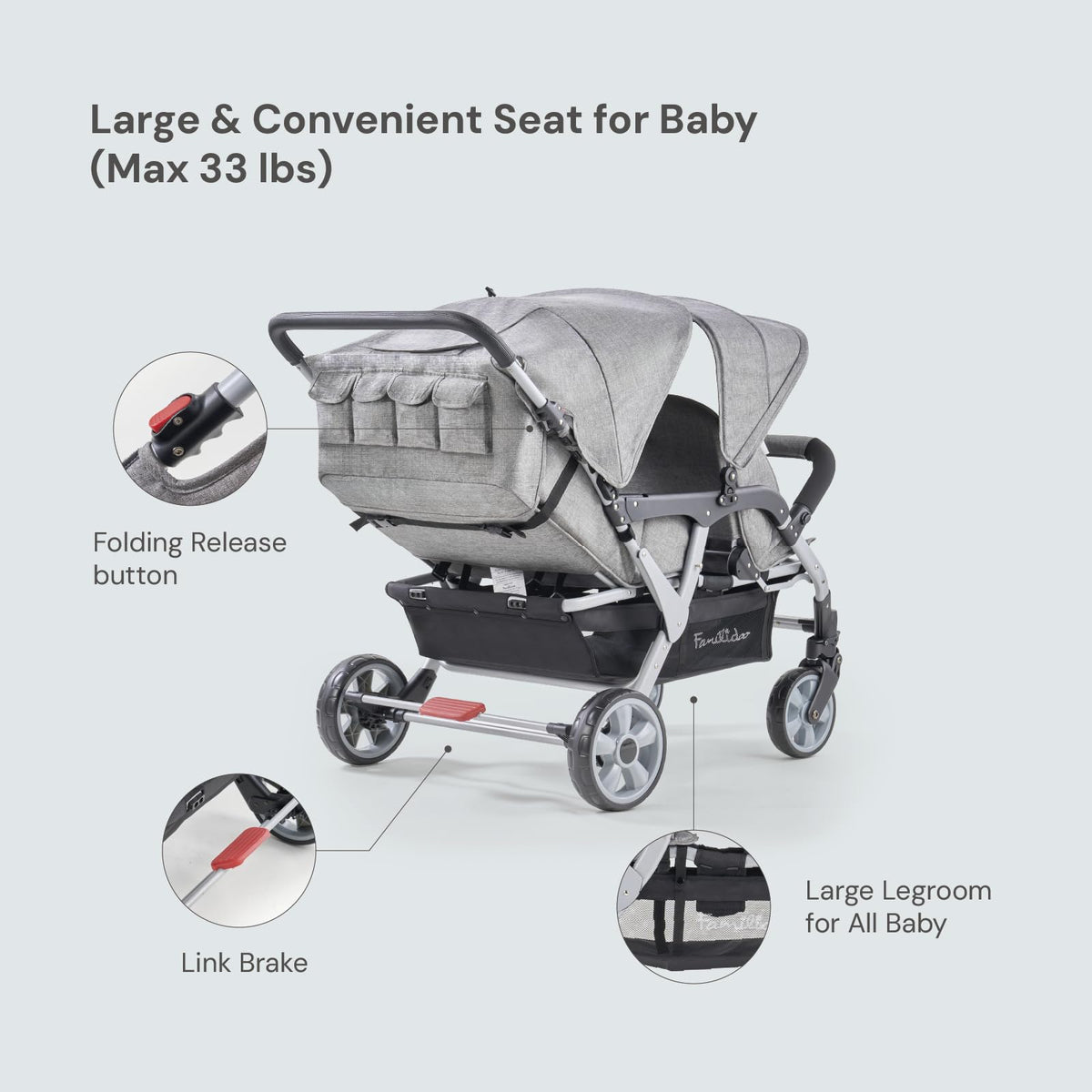 Familidoo H4E Quad Stroller Wagon for Kids, 4-Seater Daycare Baby Stroller with 5-Point Safety Harness, Lightweight & Foldable with All Reclining Seats, Double Canopy & Rain Cover (Gray)