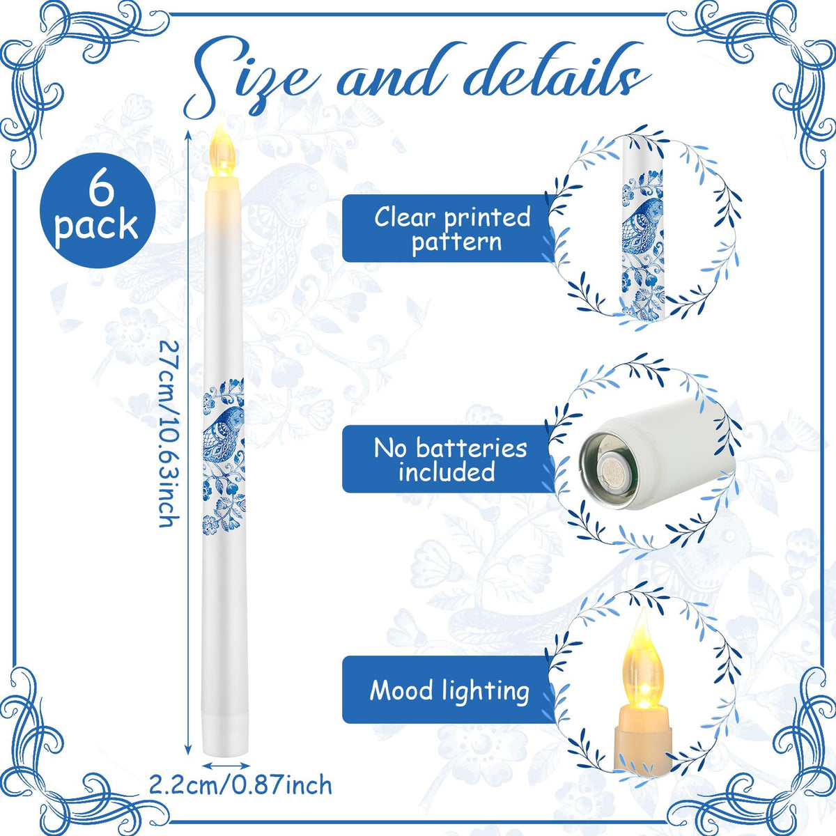Conelist 6 Pcs Chinoiserie Flameless Candles 10 Inch Blue and White Candles Battery Operated LED Candlesticks Chinoiserie Decor for Wedding Table Centerpiece Home Party Decor Gifts