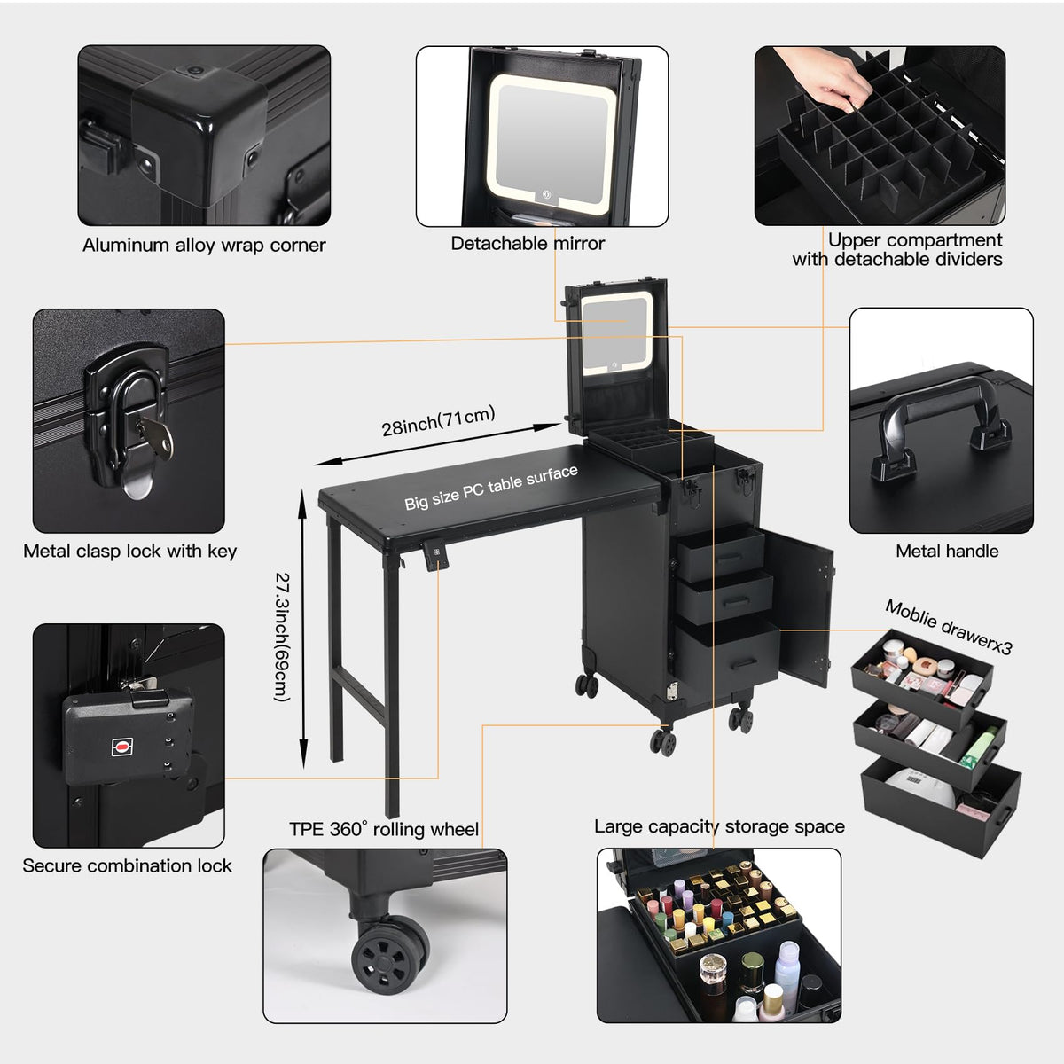 Rolling Portable Manicure Table with 3 Drawers, Lockable Makeup Train Case with Detachable Mirror, Foldable Nail Desk with Wheels & Handle, Mesa de Uñas Profesional para Nail Techs & Salon Use, Black